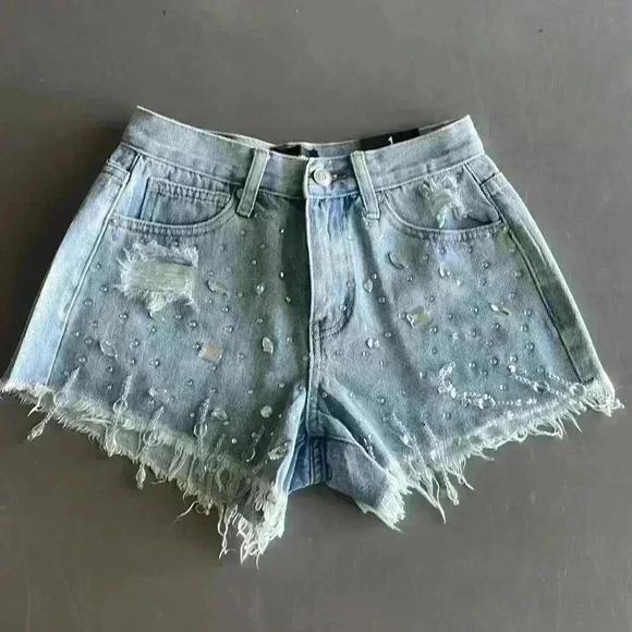Embellished Crystals Denim Jeans Shorts Sz 1 - Picture 5 of 14